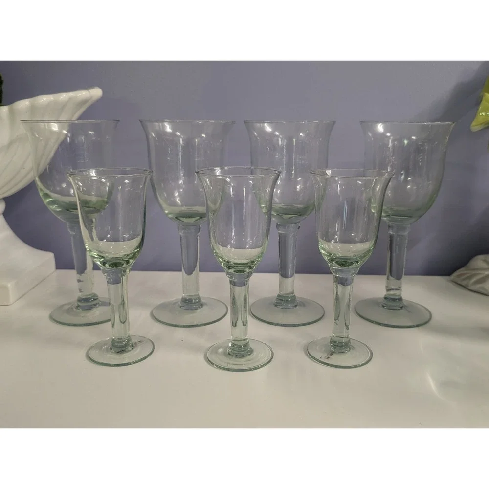 la mediterranea Set/9 Hand blown Green Wine, Beer, Water Goblets NEW!